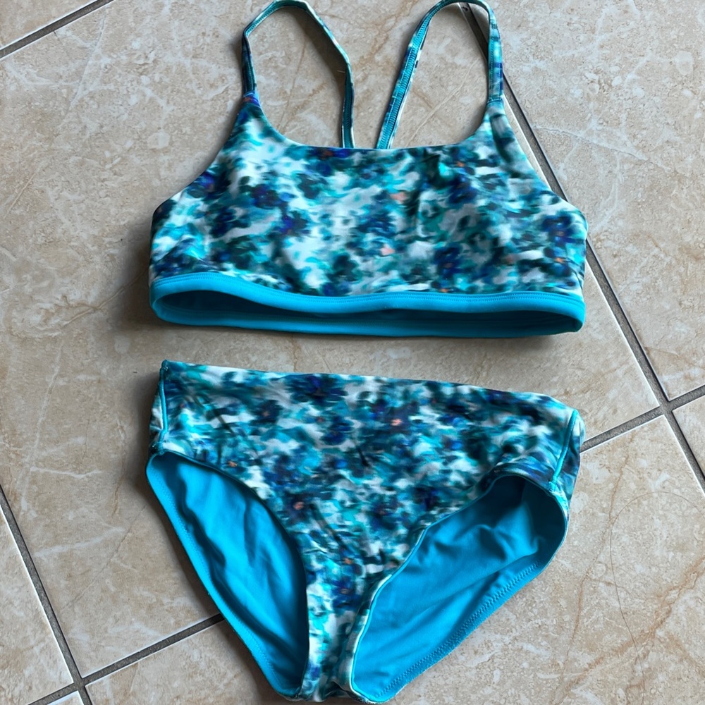 Athleta Girl Blue Floral Reversible Bikini